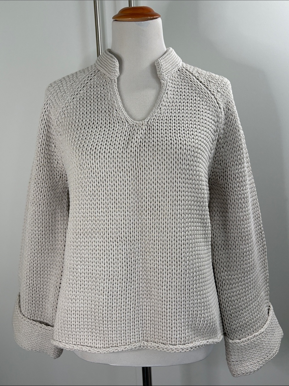 Brochu Walker Cream Chunky Cotton V‑Neck Knit Sweater M